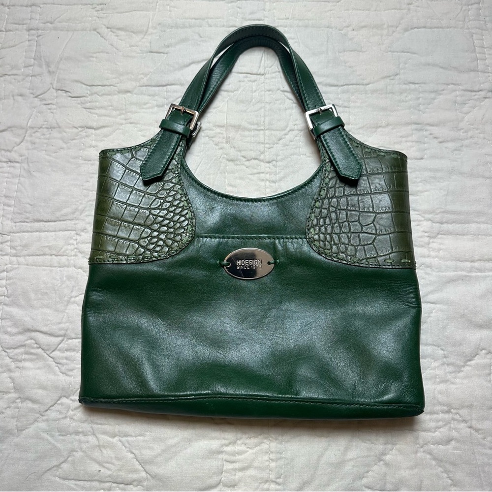 Hidesign Leather Shoulder Bag | Emerald Green Croc Embossed Y2K Purse